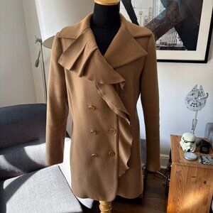 Elie Tahari Ruffle Beige Short Wool Coat Medium